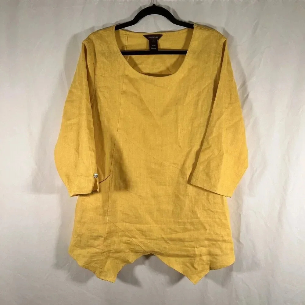 Multiples Linen Blouse Women's Large Yellow Round Neck 3/4 Sleeve Lightweight